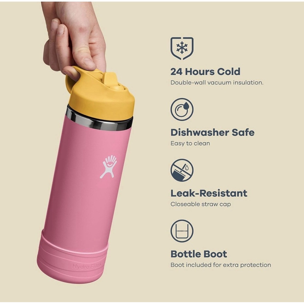 NWT Hydroflask Kids Wide Mouth Straw Lid 18 Oz Dahlia Pink Bottle Non Slip Boot